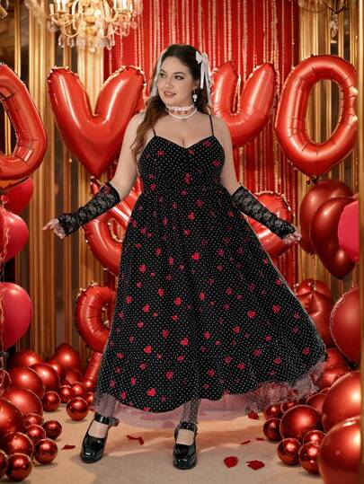 Flirla Romantic Heart/Polka Dot/Lip Print Mesh Panel Adjustable Spaghetti Strap Casual Dress, Suitable For Valentine's Day, New Year