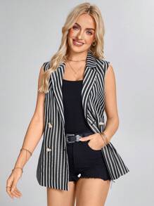 SHEIN LUNE 女士无袖黑白条纹薄款西装外套 - 黑與白 - 查看 3