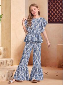 SHEIN Set de 2 piezas para niñas preadolescentes: Blusa superior con cuello redondo con volantes y estampado floral retro y pantalones anchos y holgados, para vacaciones/campo