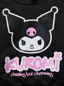 HELLO KITTY AND FRIENDS | SHEIN 年轻女孩卡通时尚图案连帽衫，配有 3D 耳朵细节，短款黑色运动衫