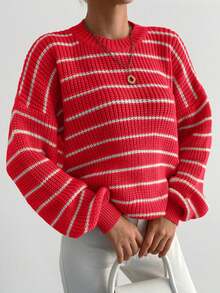 EURMUSE Áo len sọc Colorblock thường ngày cho nữ, Thu/Đông - Đỏ - Xem 4