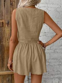 SHEIN Frenchy Women's Sleeveless Front Button Basic Waistcoat And Shorts Suit Set In Fall/Winter Casual - Ginger - View 2