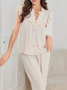 瑞士圆点提花荷叶边缺口领上衣和长裤女士睡衣套装 - 杏色 - 查看 4