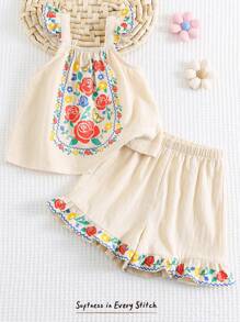 Cozy Pixies Baby Girl Floral Pattern Square Collar Ruffle Hem Pullover Top And Elastic Waist Shorts 2 Pieces Set - Beige - View 3
