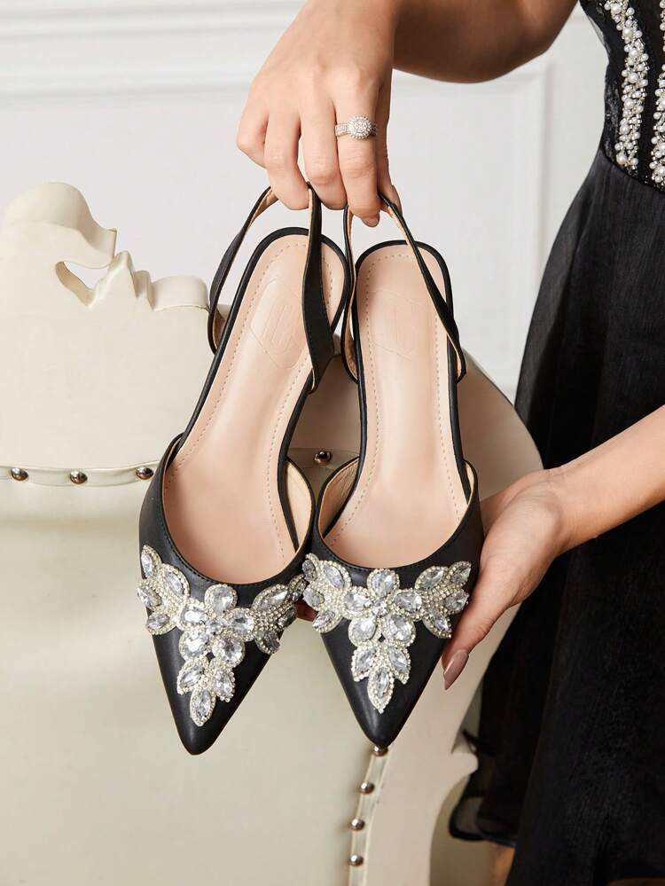 CUCCOO HITCHD ウィメンズ エレガントなポインテッド トウ ハイヒール ラインストーン付き、フェイクレザー アッパー、バックレスデザイン、ブラック、 結婚式、パーティー、バンケット向け