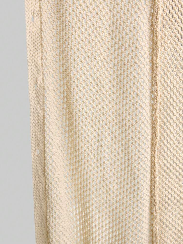 2025 Women Long Sleeve Polo Collar Knitted, Openwork Knit Sweater Cardigan, Bohemian Style, Resort Wear, Holiday Island Vacation, Versatile Piece For Festivals, Spring/Summer Cover Up