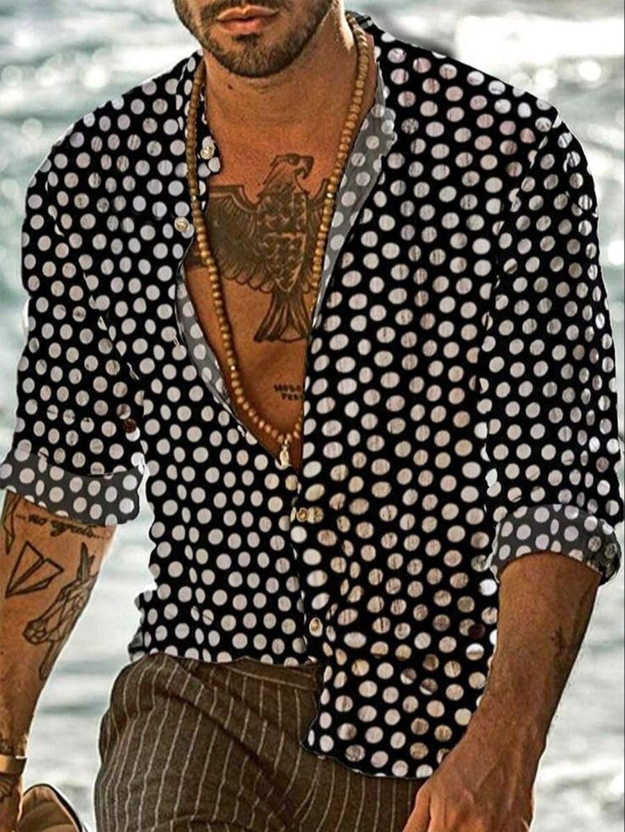 SHEIN Manfinity Dauomo 男士时尚圆点印花长袖衬衫，夏季 - 黑與白 - 查看 1