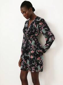 Aveloria Modichic Elegante vestido corto de mujer con mangas abombadas y largas, cintura fruncida, falda plisada, estampado floral de gasa y escote calado