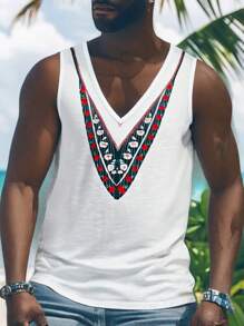 Manfinity Homme Men's Casual Retro Floral Print V-Neck Tank Top - White - View 1