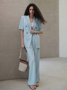 MOTF PREMIUM 条纹双排扣短袖西装外套、系腰带西装外套、工作服、春夏