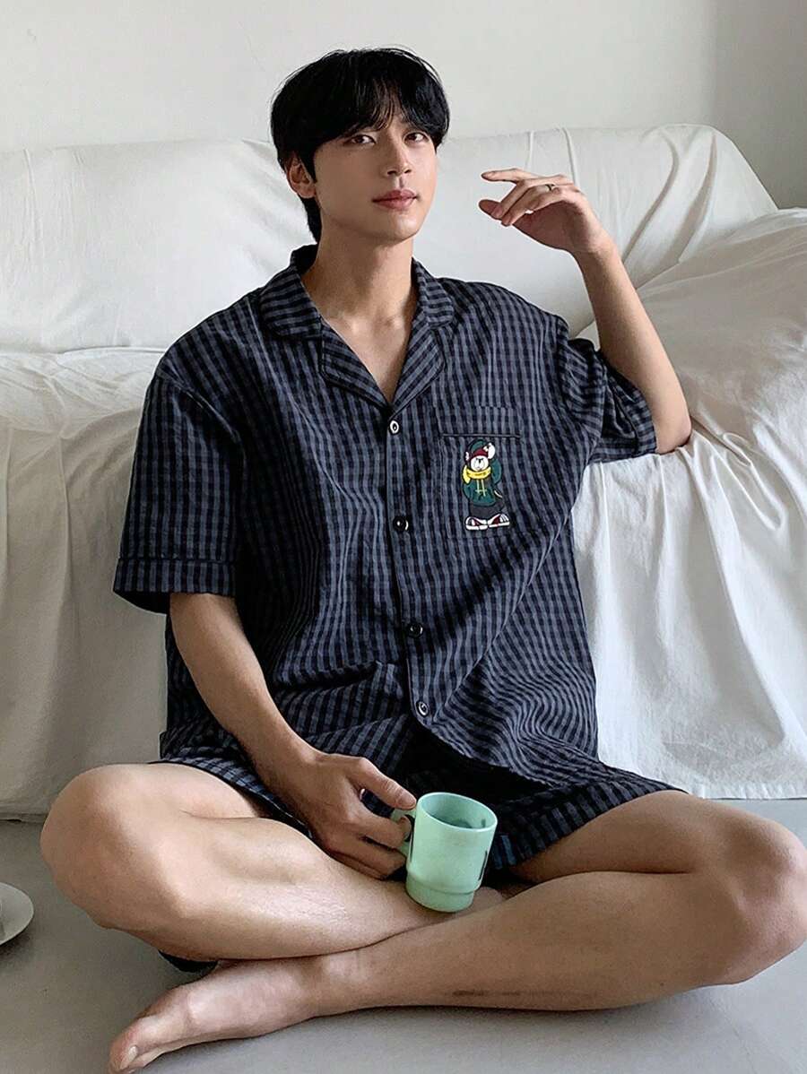 DAZY Summer Bear Embroidery Plaid Shirt & Shorts 2 Pieces Pajama Set For Men
