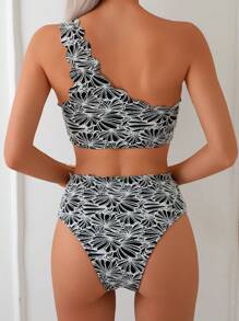 SHEIN Swim Bộ đồ bơi nữ mới cho kỳ nghỉ xuân, vải kết cấu, màu đen và trắng, viền vỏ sò, một bên vai, hai mảnh, bikini - Đen và trắng - Xem 3