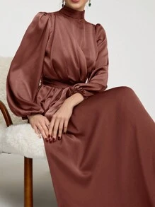 Veilorie Kobiety Długie Eleganckie Arabskie Jednolity Kolor Stojący Kołnierz Latarnia Rękaw Skromna Sukienka Długie Suknie Wieczorowe