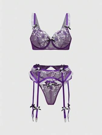 Fairycore Conjunto de 3 piezas de brasier estilo bralette con bordado floral romántico y moño, ropa interior de vacaciones con aros de moda