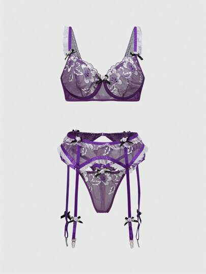 Fairycore 3Pcs Romantic Floral Embroidery Bowknot Bralette Set, Fashion Vacation Underwear With Wire