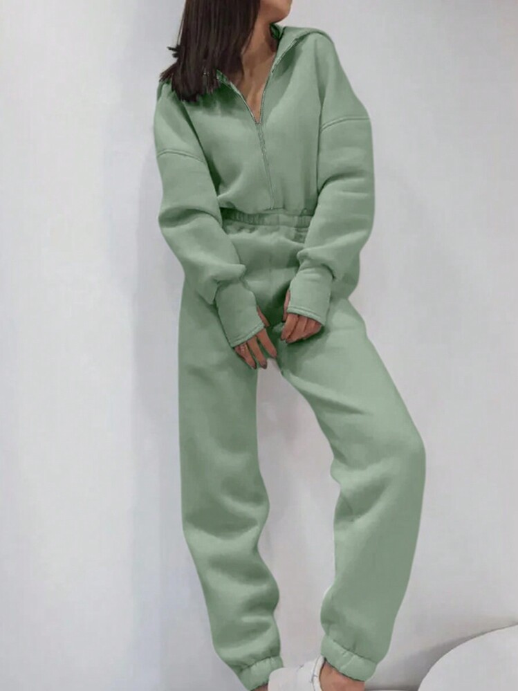 INAWLY 女士连帽半拉链运动衫和宽松抽绳慢跑裤套装 - 薄荷綠 - 查看 3