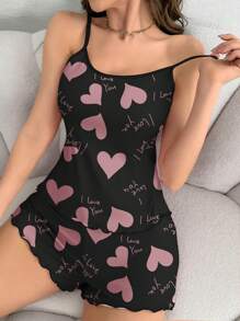2pcs Heart & Letter Print Ruffle Strap Camisole And Shorts Pajama Set - Black - View 3