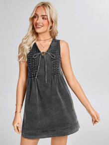 SHEIN LUNE 女士春夏无袖 V 领系带水洗复古 A 字短裙 - 黑色 - 查看 8