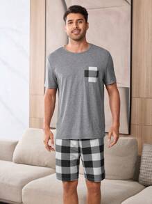 SHEIN 男士格子印花短袖和短裤两件套睡衣套装 - 灰色 - 查看 6