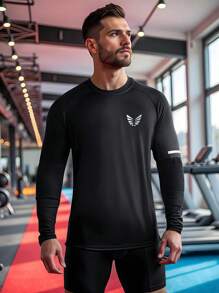 Manfinity Sport Corelite 男士几何印花圆领插肩袖长袖运动T恤紧身衣 - 黑色 - 查看 4