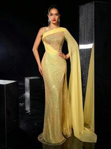 Glamrae 优雅华丽的黄色亮片剪裁雪纺飘逸修身鱼尾高开叉连衣裙，适合晚宴单身派对约会返校季舞会晚礼服、婚礼宾客礼服、正式礼服 - 黃色 - 查看 5