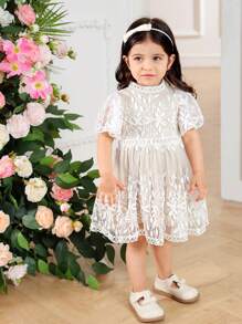Baby Girl Floral Embroidered Mesh Puff Sleeve Cute Dress - Beige - View 3