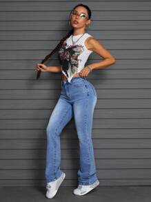 SHEIN ICON Pantalones vaqueros casuales para mujer, sencillos y de moda para uso diario - Azul - Ver 4