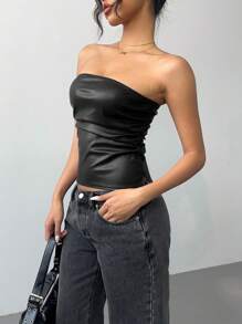 Siren Gaze 女士黑色皮革上衣时尚褶皱不对称下摆抹胸，适合外出和派对上衣，女士夏季服装，音乐节/音乐会女士服装 - 黑色 - 查看 4