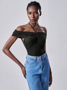 Chiquease Top cu mânecă scurtă cu volanat, cu umăr dezactivat, tricou confortabil, slim, cu design sexy