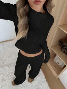 SHEIN EZwear Women's Slim Fit Jacket & Casual Pants Set, Simple Stylish For Everyday - Black - View 4