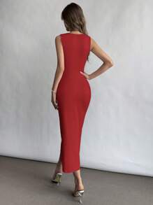 Firerie 女士方领褶皱腰开衩连衣裙，优雅适合度假、日常穿着和婚礼季节 - 紅色 - 查看 2