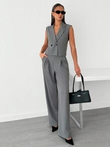 EURMUSE 小码女式条纹宽肩西装 - 淺灰色 - 查看 4