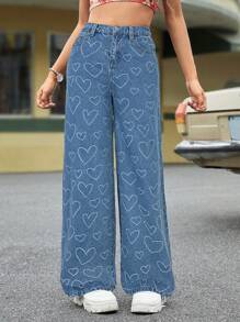 SHEIN 少女复古水洗休闲牛仔裤，复古 Y2K 街头风格 - 中等水洗藍 - 查看 5