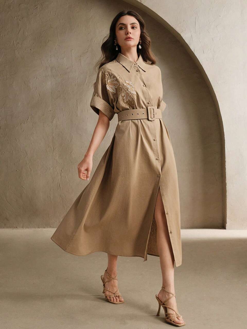 Anewsta Women's Elegant Linen Embroidered Solid Color Lapel Belted Mid-Length Dress, Spring Outfits