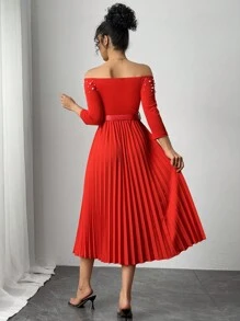 Chiquease 红色露肩泡泡袖珠饰腰部褶皱连衣裙 - 紅色 - 查看 2