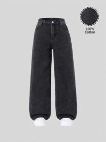 Sparklyn Tween Girl Y2K Street Daily 弹性腰部直筒牛仔裤，配有扁平口袋，女孩日常 OOTD 服装 - 黑色 - 查看 2