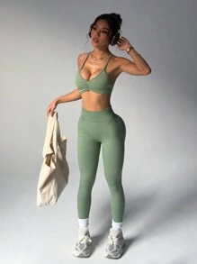 Slayform Women's Sports Set: Cross-Strap Backless Vest & Pantswomen Workout Set - Olive Green - View 7
