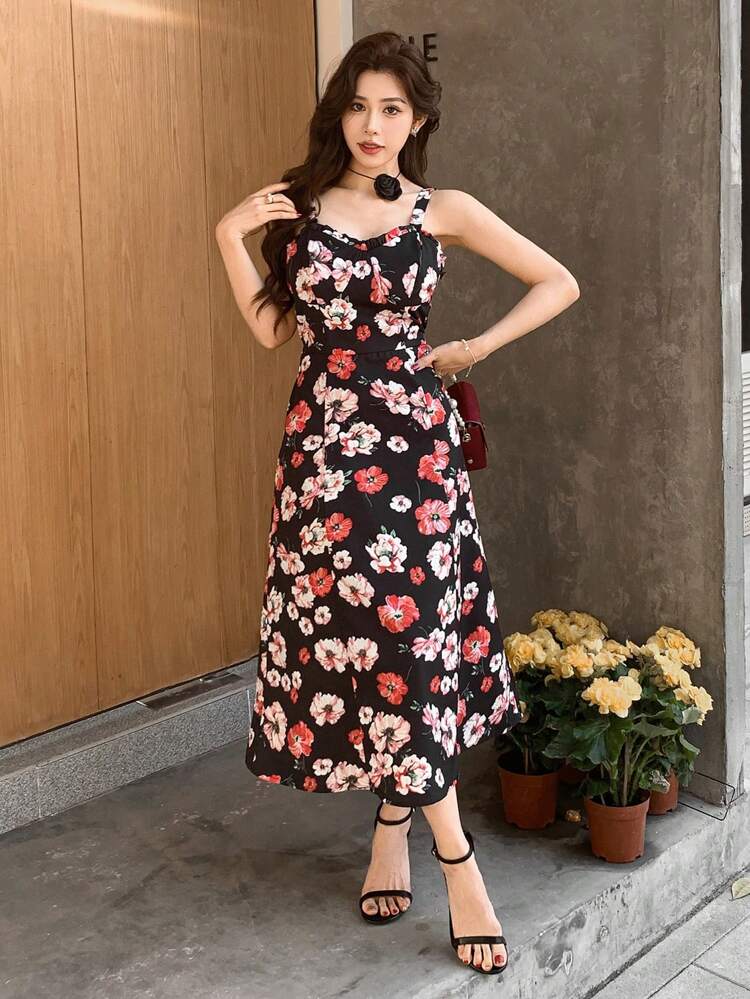 Women All-Over Floral Print Spaghetti Strap Waist Midi Dress Sundress Boho