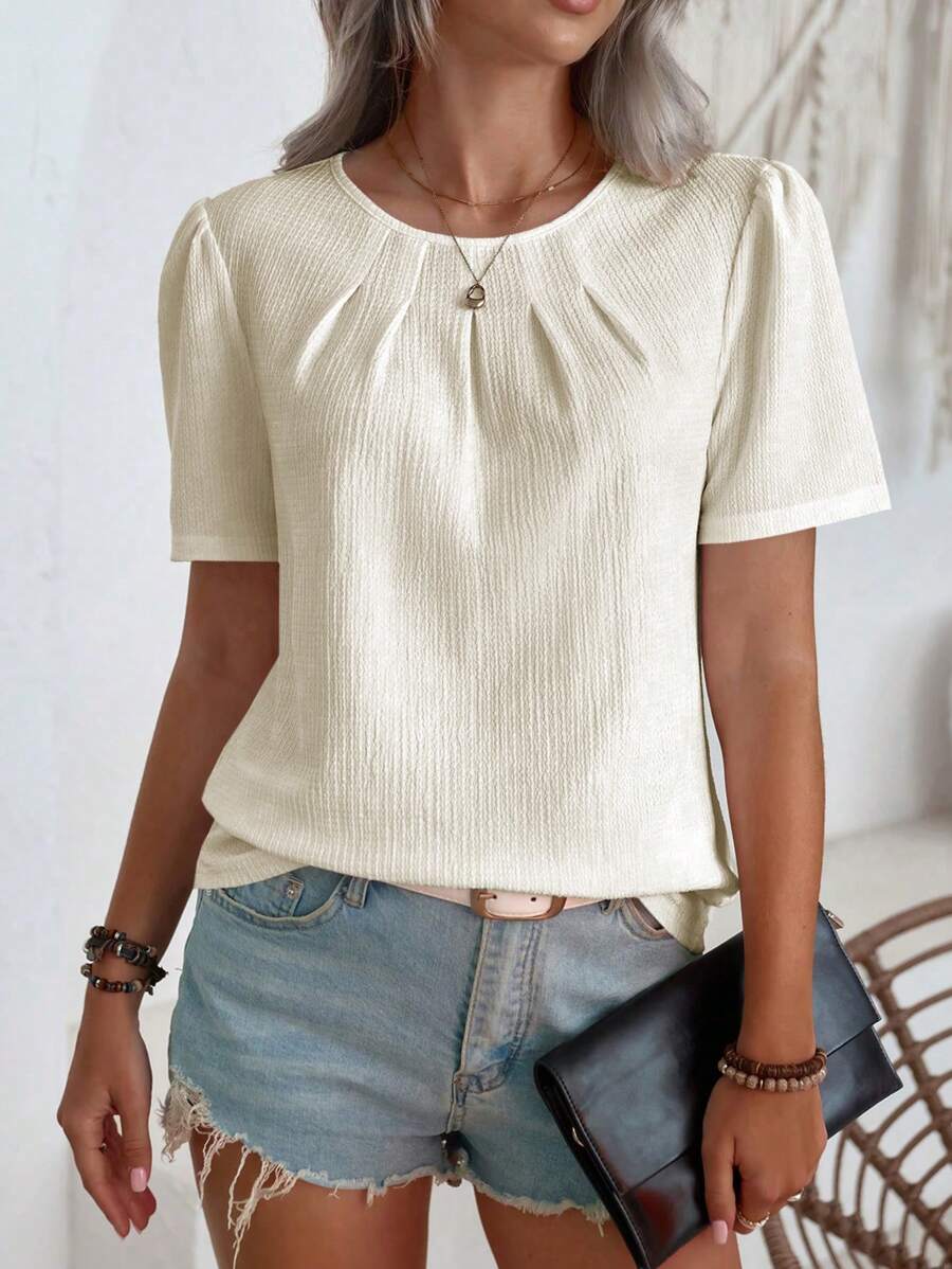 SHEIN LUNE 女士纯色短袖衬衫，简约时尚休闲日常穿着 - 杏色 - 查看 1