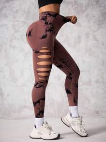 Slayform 扎染激光剪裁性感瑜伽裤，适合女性、跑步、健身、工作 - 咖啡棕 - 查看 6