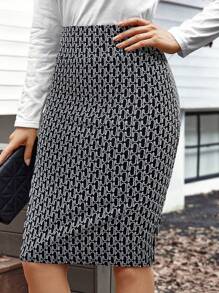 EMERY ROSE 女士优雅提花图案针织裙，秋冬 - 黑與白 - 查看 5