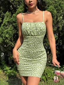 SHEIN EZwear Women's Floral Allover Print Slim Fit Casual Mini Dress With Spaghetti Straps,Sage Green Dress