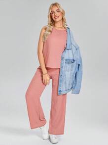 SHEIN LUNE Women Crew Neck Sleeveless Textured Camisole Top + Elastic Waist Double Pocket Casual Pants,Two Pieces Summer Set - Dusty Pink - View 1