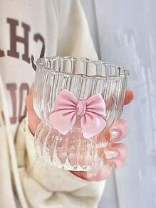300ml Transparent Bow Decor Striped Cup, Suitable For Daily Water And Coffee Drinking