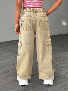 Denimly Young Girls Casual Daily Urban Street Elastic Waist Button Front Multi-Pocket Cargo Khaki Straight Leg Jeans