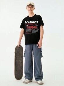 SHEIN Tween Boys Crew Neck Short Sleeve Racing Car Printed Print T-Shirt - Black - View 3