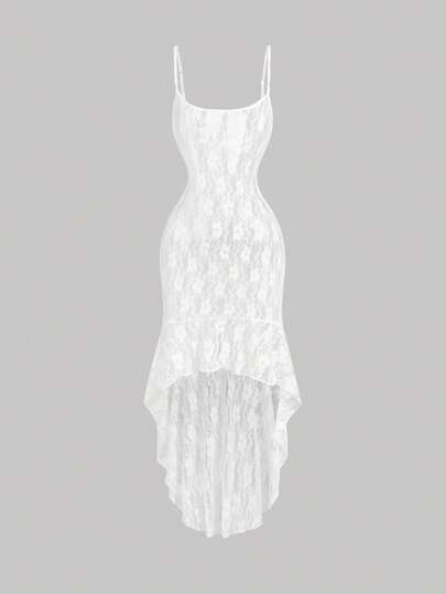 SHEIN MOD 蕾丝面料荷叶边下摆泳衣罩衫