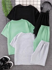 SHEIN Leap Crew 6 件青少年男童休闲百搭舒适印花图案宽松圆领短袖 T 恤和短裤 2 件套装，3 种款式 x 2，买 1 送 2，适合通勤、上学、日常休闲、度假、运动、春夏秋冬 - 彩色 - 查看 5