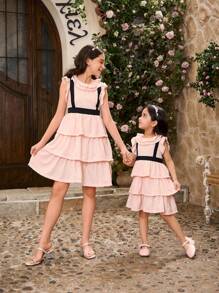 SHEIN Vestido de tul de estilo elegante y dulce con cuello de encaje y moño en color rosa claro, de múltiples capas, para niña, atuendo diario de primavera/verano, conjunto a juego de hermanos (2 piezas se venden por separado) - Rosa Pálido - Ver 5