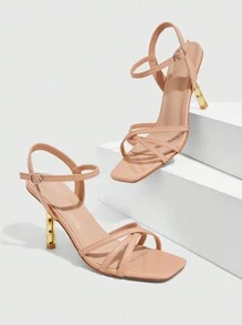 CUCCOO SZL Sandalias altas de tacón cuadrado color albaricoque con tacones metálicos dorados, diseño elegante y sexy con correas cruzadas para damas